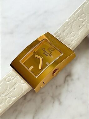 Dior Gold-Tone Rectangular Watch with White Logo Strap